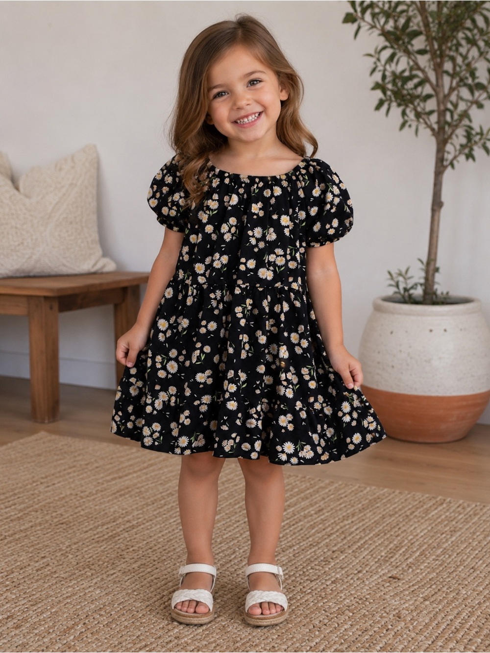 Cat & Jack Girls Black Daisy Print Puff Sleeve Dress size small (6/7)